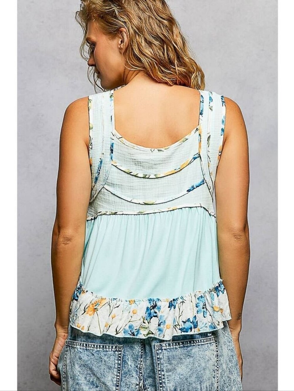 POL "Jersey" Square Neck Floral Trim Sleeveless Tank Top Blouse Sky Blue, S,M - Picture 5 of 5